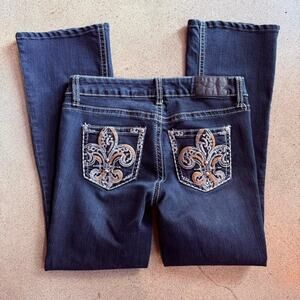 Vintage Y2K Soundgirl Bling Fleur De Lis Embroidery Dark Blue Jeans Size 5